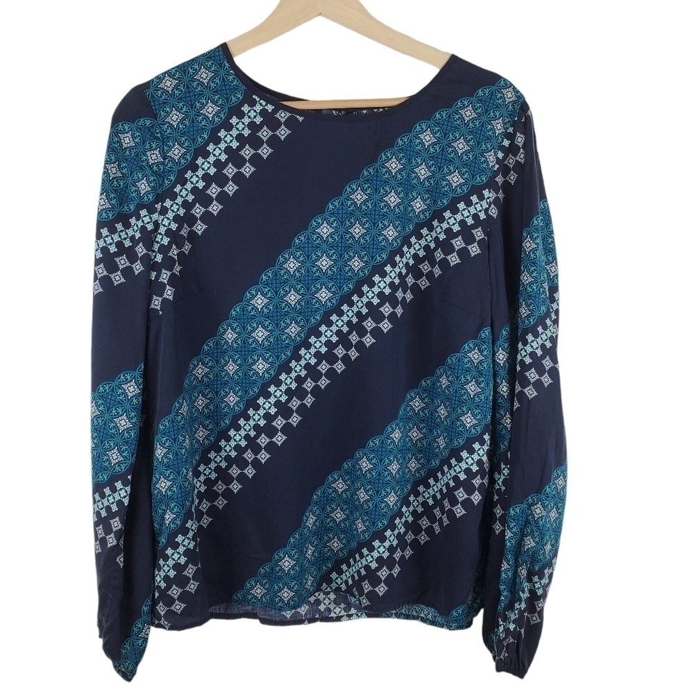Talbots Blouse Medium Blue Teal Long Sleeve Keyhole‎ Rayon Geometric